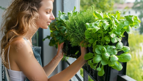 Vertical home garden of spicy herbs and fresh greenery on the balcony. A young woman takes care of plants on the balcony of a city apartment. Mini garden on the balcony.