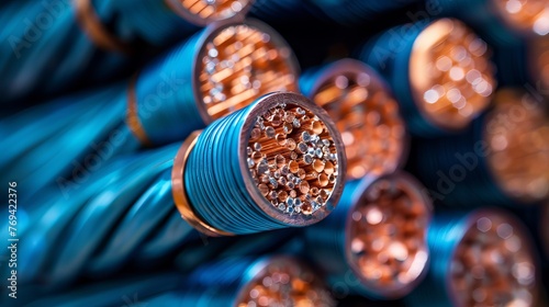 Close-up macro view of a single core, blue, stranded, insulated copper electrical conductor