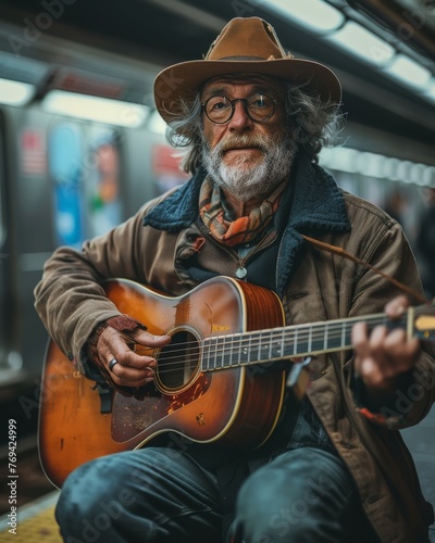 street musician with a western hat playing guitar in a subway station