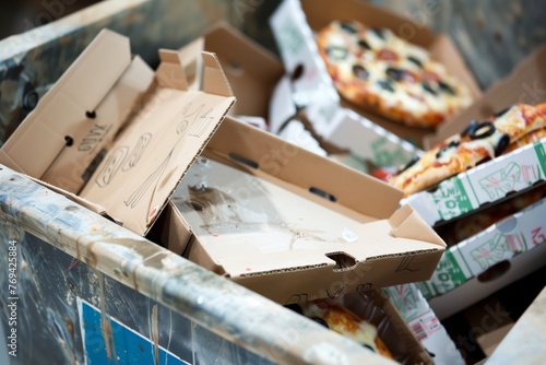 full trash bin with discarded pizza boxes and takeout containers