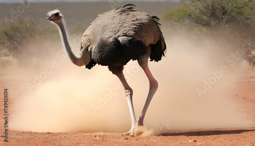 An Ostrich With Its Powerful Legs Kicking Up Dust