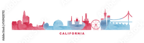 USA California state watercolor skyline with cities panorama. Vector flat banner, logo for America region. Los Angeles, San Francisco, San Diego silhouette footer, steamer, header. Isolated graphic