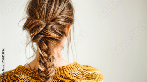 Woman hair style - Young woman with half up half down fishtail braid hairstyle on white background