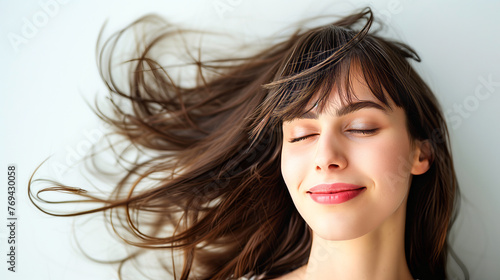 Woman hair style, Young woman with curtain bangs hairstyle on white background