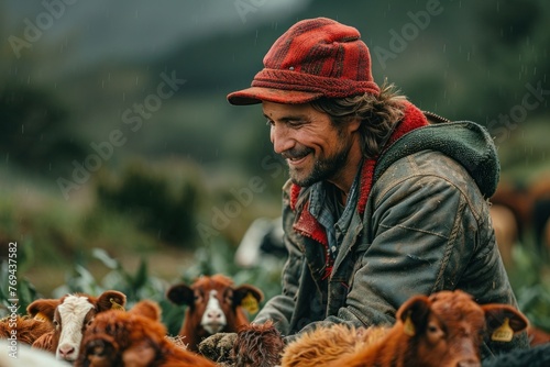 Cheerful male farmer checking on his herd of goats on a lush green pasture on a foggy day