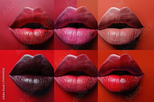 Set of vibrant lipstick colors on female lips, close-up shot showing trendy matte and glossy shades