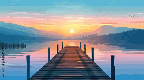 Wooden pier at lake and sunrise.. Flat vector isolated
