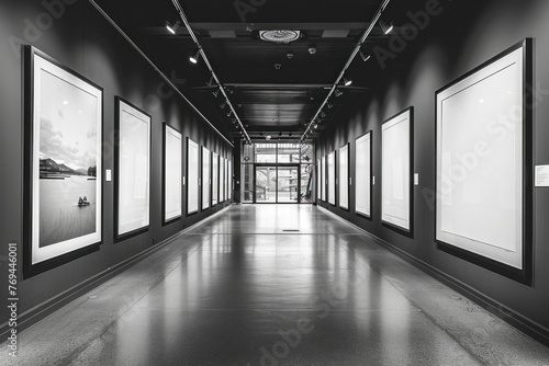 Monochrome photo gallery with framed pictures on dark walls leading to a bright entrance.