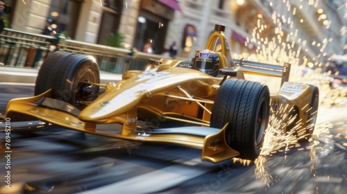 A racing cars on the race track The fastest golden racing car with sparks coming from beneath it competes in Monaco.