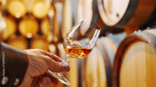 the hand of a male sommelier holds a tasting glass of whiskey against the background of oak barrels in a wine cellar close-up
