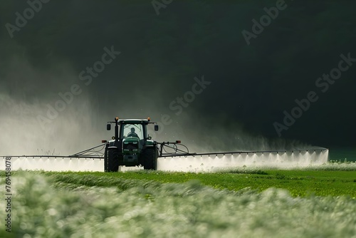 Pesticide being sprayed by a tractor in a field. Concept Agriculture, Farming, Chemicals, Pest control, Crop protection