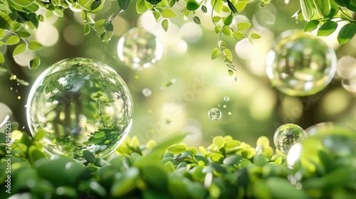 Abstract featuring various eco-friendly and growth-related elements The transparent glass spheres or bubbles are surrounded by lush green leaves