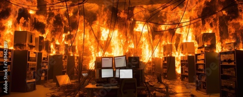 Devastating flames ravage the server room of a data center, putting high-tech supercomputer systems at risk of destruction.