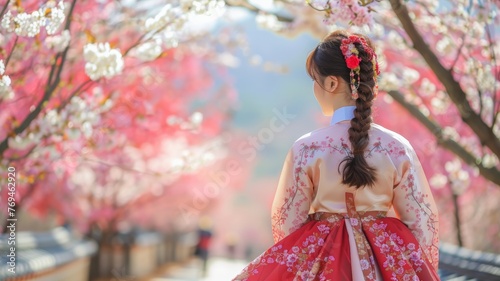 Woman wearing korean national dress and pink cherry blossoms in spring at Namsan park,Seoul South Korea.