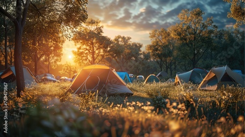 Suburban grass, tents, light luxury, camping. Generative AI.