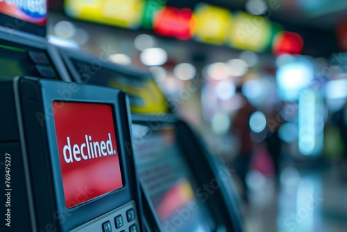 Bank card payment terminal screen displaying the word Declined indicating a transaction failure for customer. Blurred retail store environment background.
