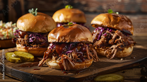 Gourmet pulled pork burgers with purple slaw and dripping sauce on a rustic wooden table