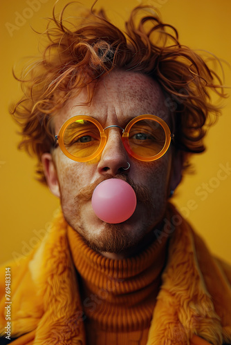 Hombre 40s con gafas molonas montura naranja y cristal transparente, pelirrojo, inflando una bomba de chicle rosa, perilla, camisa amarilla cuello tortuga, primer plano, abrigo peludo, fondo mostaza 