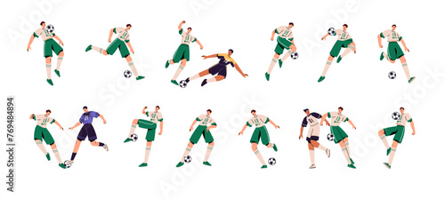 Professional football player set. Soccer sportsman in uniform kicks by foot, passes, dribbling ball. Athletes opponents play on championship. Sport game. Flat isolated vector illustration on white