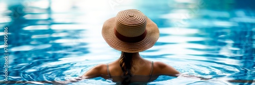 A woman in a hat floating on top of the water