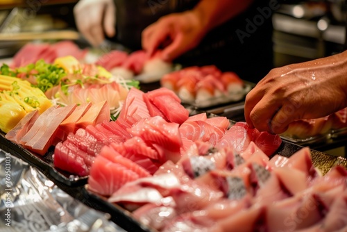 preparing a sashimi platter with raw fish