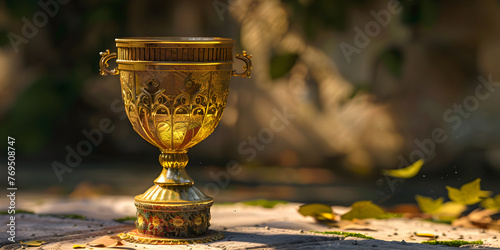 Christian chalice golden wine symbolizing sacrament and spirituality, The golden monstrance with a little transparent crystal center consecrated host church defocused background.