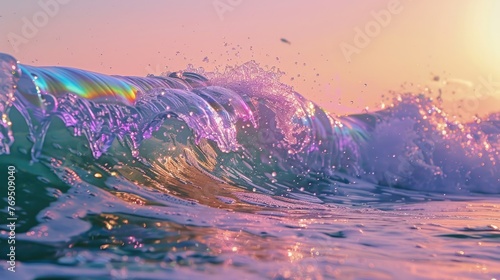 Fantastic mother-of-pearl sea waves. The waves shimmer in the sun with bright colors. Generative AI