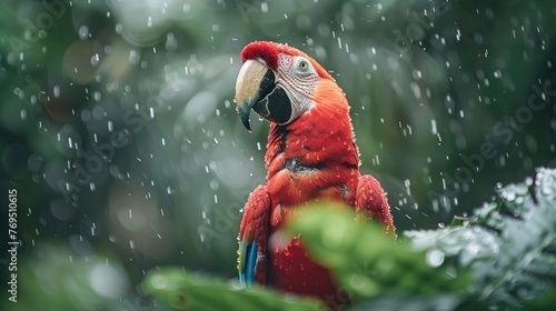 Ara parrot. Exotic bird in the tropical forest. Generative AI