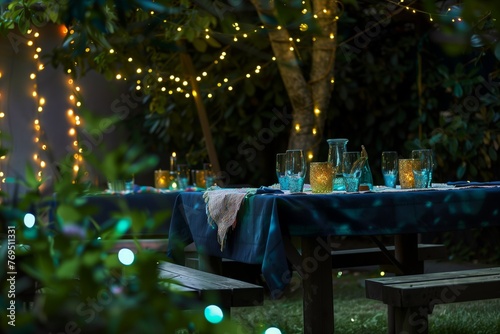 garden tables with cloth, glassware illumined by fairy lights