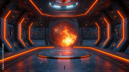 Sci-fi product showcase on a spaceship podium with an orange light background, featuring space technology and objects.