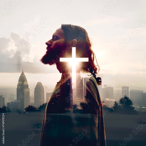 Double exposure image of Jesus Christ, Christian cross and skyscrapers