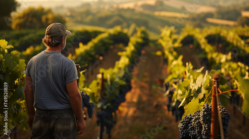 Back view of a farmer gazing over a vineyard rich with ripe grapes, bathed in the warm, soft light of the early evening.