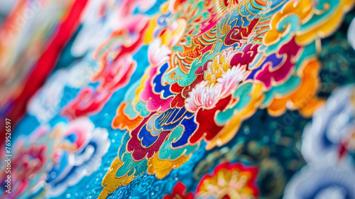 This close-up highlights the intricate and colorful patterns of a traditional Tibetan textile, a testament to skilled craftsmanship