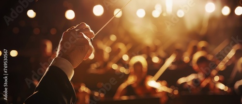 Symphony orchestra conductor in front of performers, hands close-up.