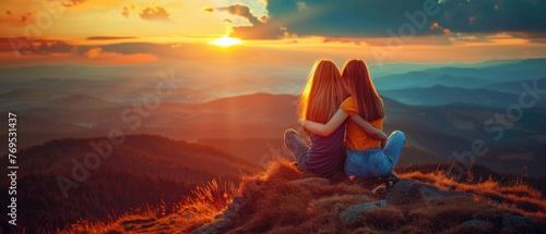 Hugging friends looking at the Carpathians mountains. Girls watching sunset from the top of the mountain.