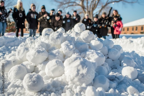 group of friends with a pile of snowballs