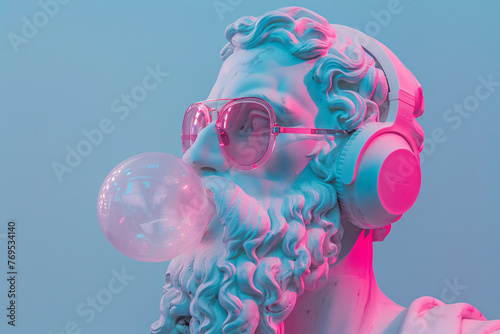 Plato statue with beard blowing bubble gum