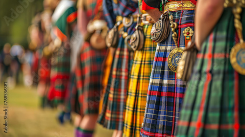 Traditional Scottish kilts and sporrans on display during a cultural event reflecting the heritage and attire of Scotland