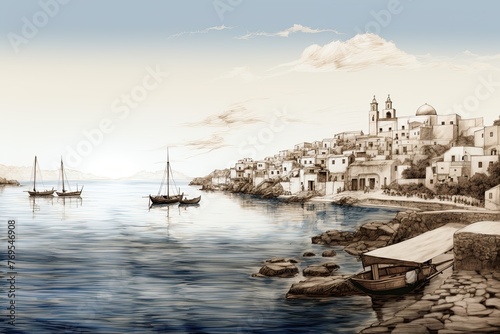  Fishing boat at Greek island. Artwork poster design. Generative Ai