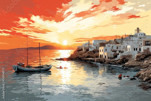  Fishing boat at Greek island. Artwork poster design. Generative Ai