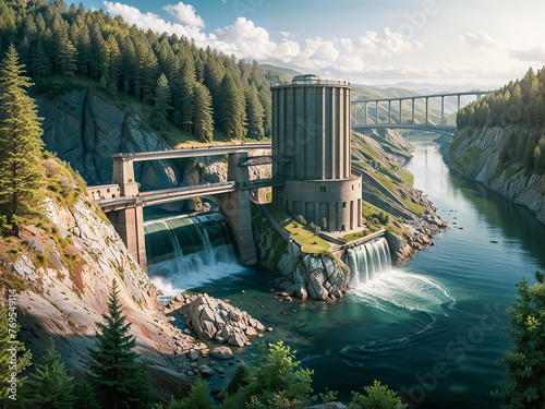 Jolie vue d'un impressionnant barrage hydroélectrique au milieu d'une vallée, joli fleuve, pont en arrière plan, ciel bleu nuageux, forêt 
