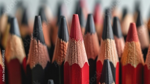 A striking image of a single red pencil standing out from a crowd of identical black pencils