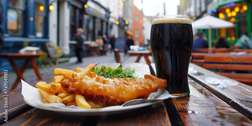 Delicious fish and chips on wooden table of outdoor cafe in Ireland. Crispy beer battered fish, fresh hot French fries and a glass of dark stout beer. Traditional Irish food.