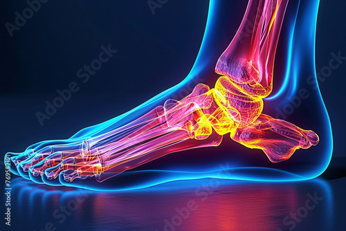 Conceptual image of joint diseases: hallux valgus, plantar fasciitis, heel spur. Depicts a man's leg in pain, emphasizing foot health issues.