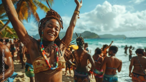 lively and festive atmosphere of an island music festival taking place on a gorgeous tropical beach Vibrant colors,energetic crowds,and the sounds of drums and other