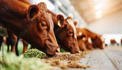 Cattle feeding on hay in cowshed at a dairy farm, livestock grazing on nutritious fodder