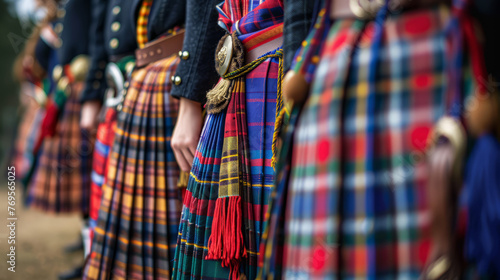 Image focuses on the tartan patterns of Scottish kilts worn by a row of people, possibly at a cultural event or gathering