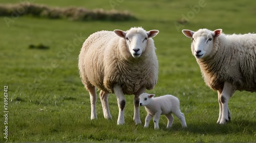Texel ewe female sheep with twin newborn lambs in lus Young Girl Holding a Lamb geneative ai 