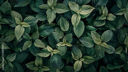 A top view of fresh green leaves tightly packed together, creating a nature-themed background texture.
