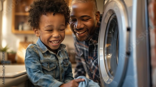 A joyous young African-American boy with curly hair helps his father load the washing machine during their morning household chores.